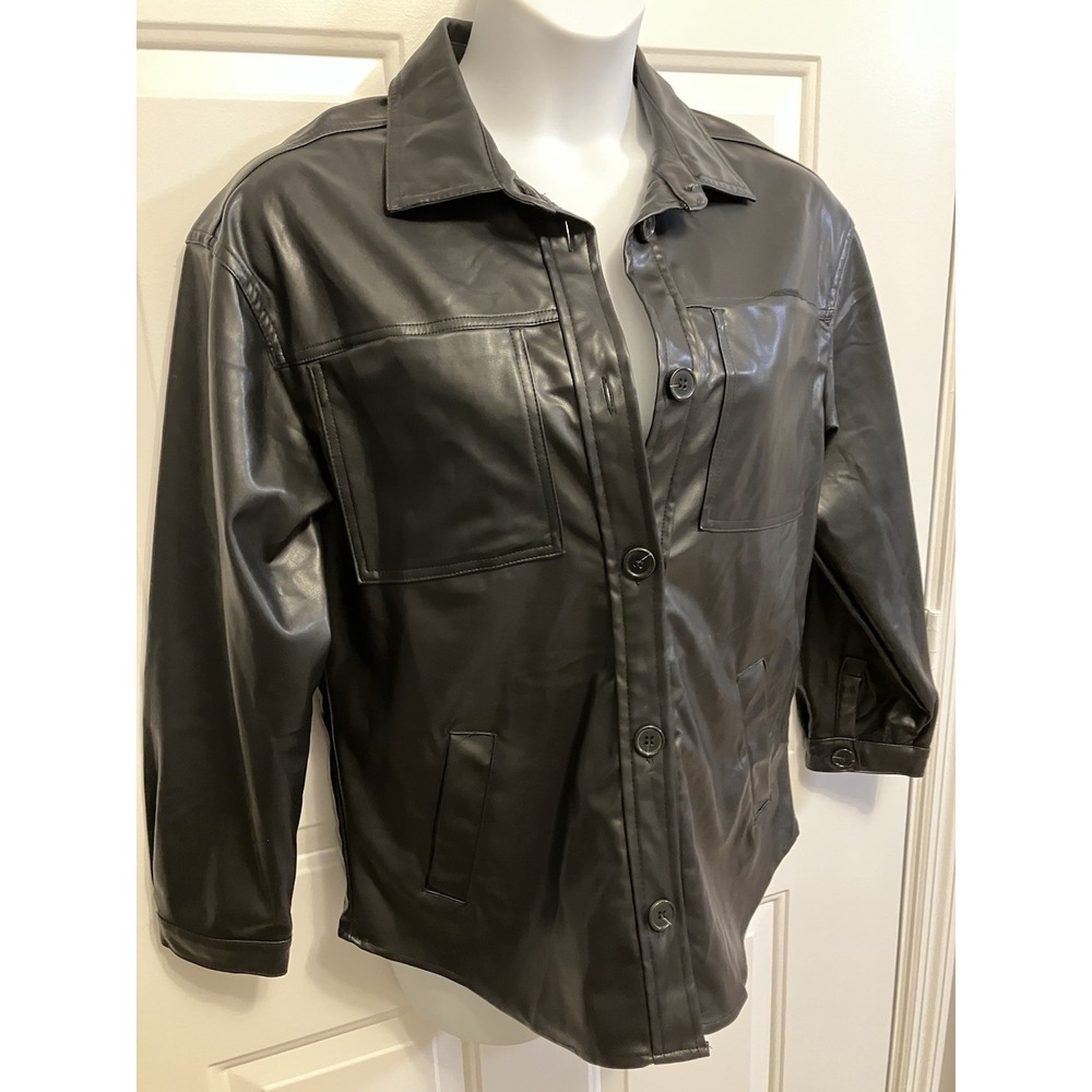 Stoosh Jacket Shirt Long‎ Women's Large Black Faux Leather Button Up Shacket - Picture 3 of 7